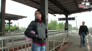 Skinny german slut colouring up at train station and fucked